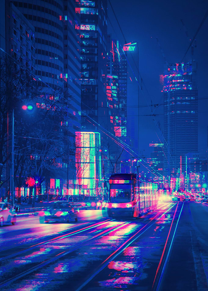 Train Neon Night In City