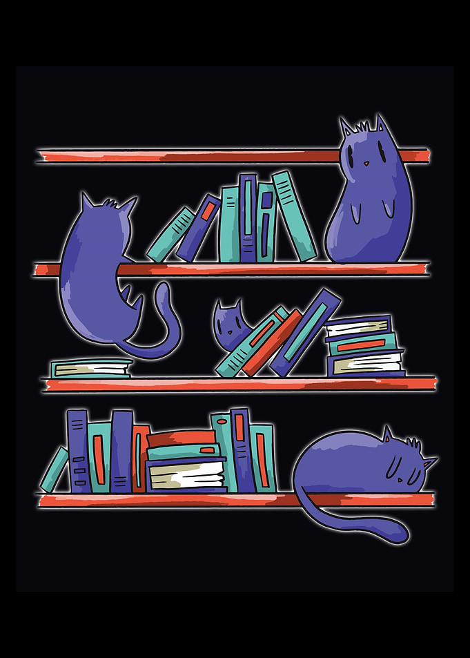 Cats on a bookshelf