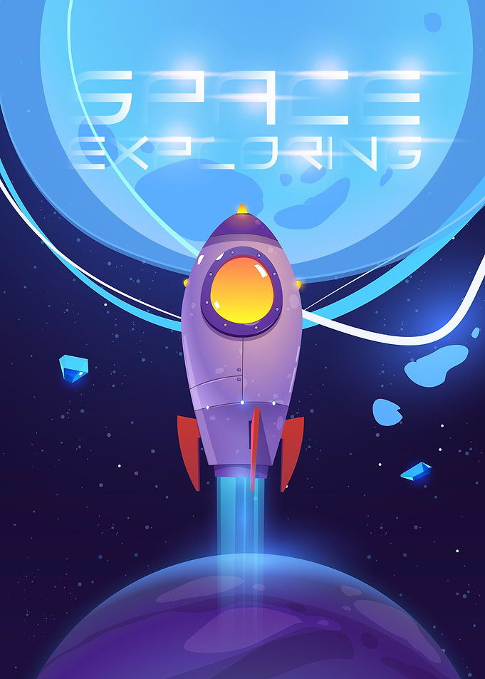 Space ship exploring blue