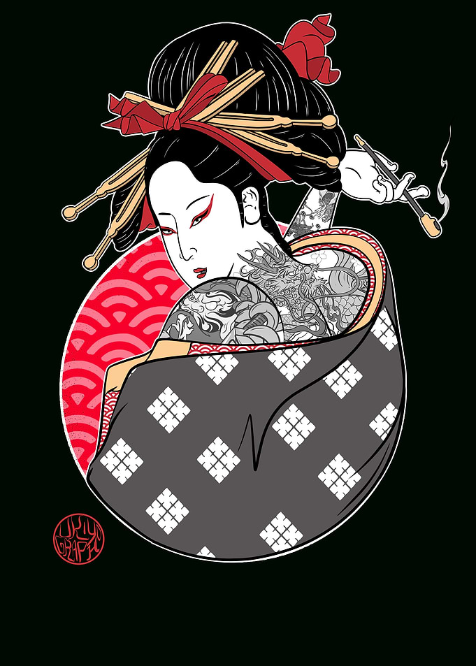 Tattooed geisha smoking