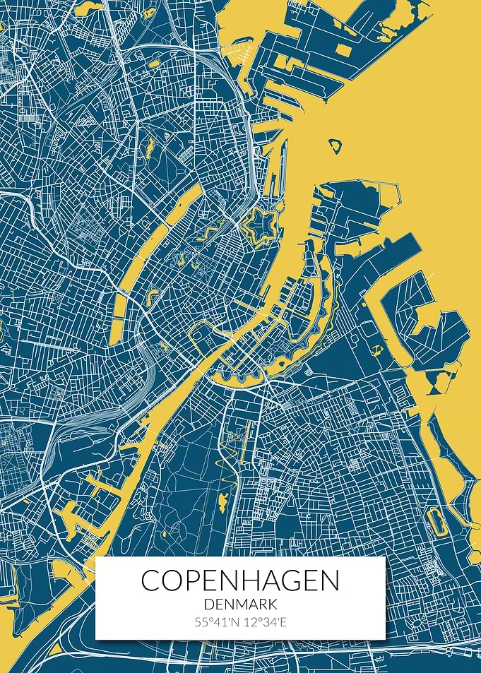 Copenhagen Map Blue Yellow