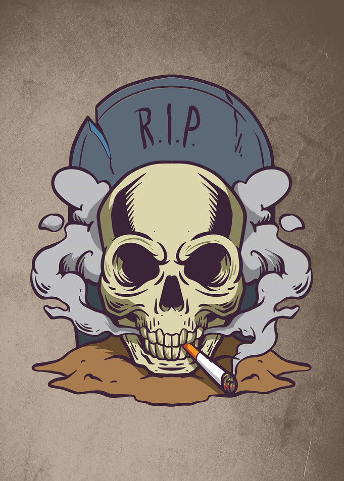 Smoking skull with tomb