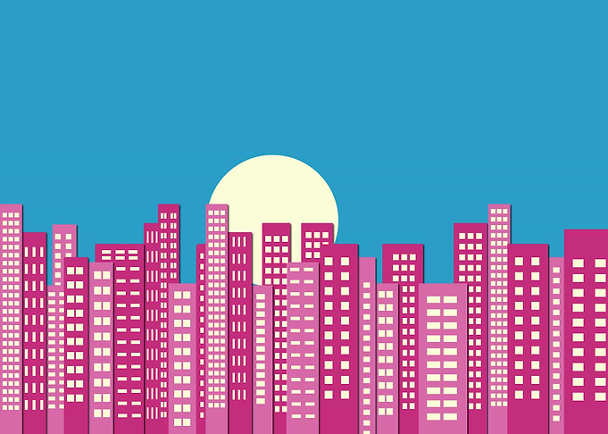Pink City Skyline Moon