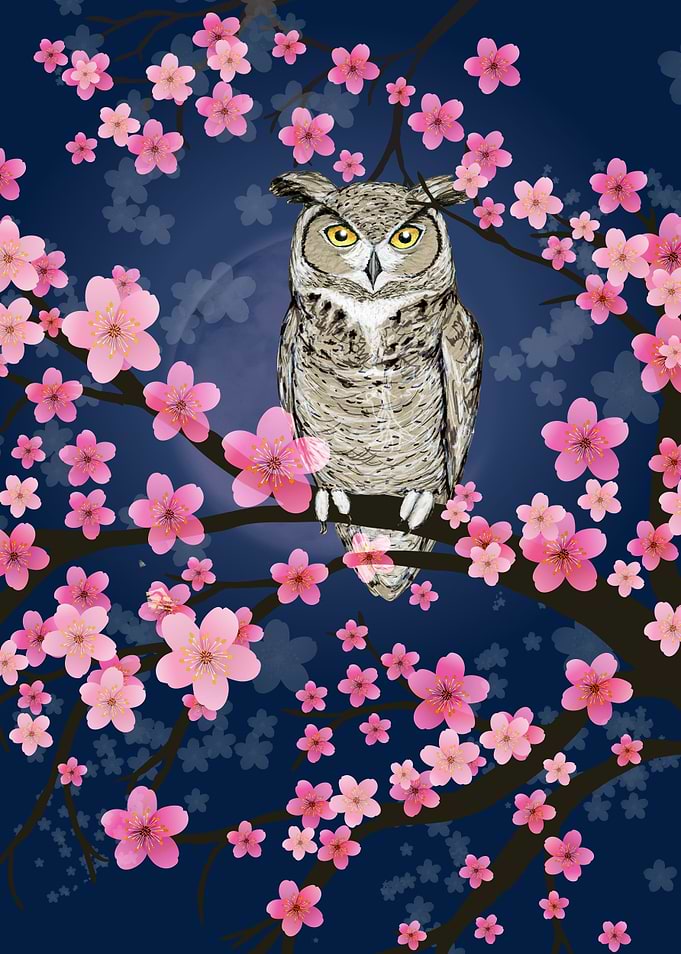 Owl in a blossom tree