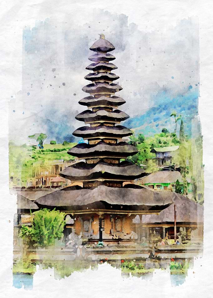 The Lake Temple Watercolor