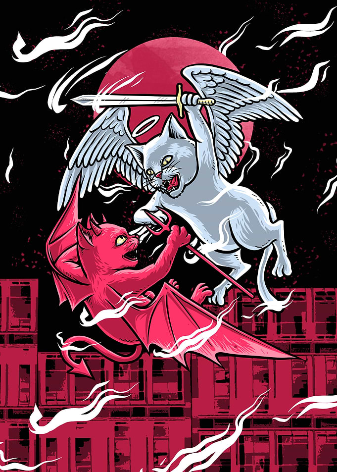 Angel and Demon cats fight