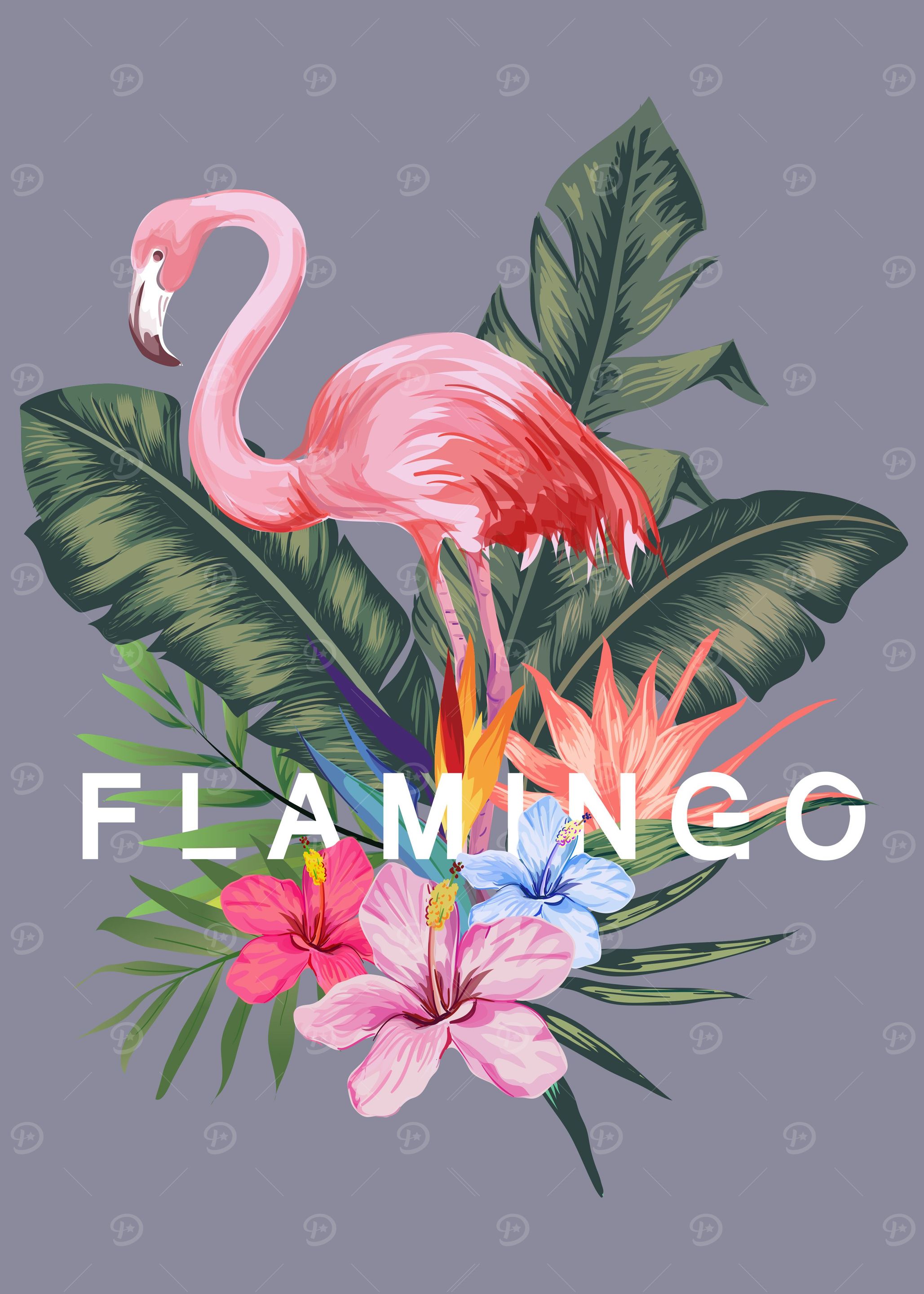 Flamingo and tropical leaf