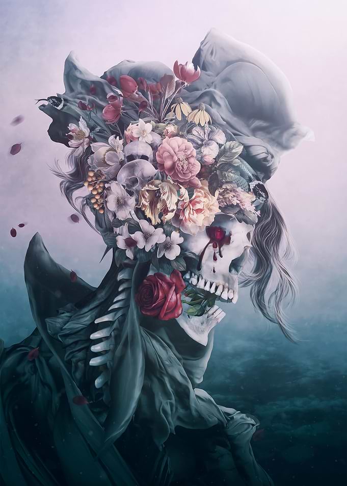 Surreal Skull on Blue