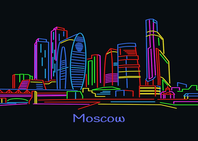 Moscow City in neon Russia