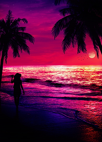 Synthwave sunset beach