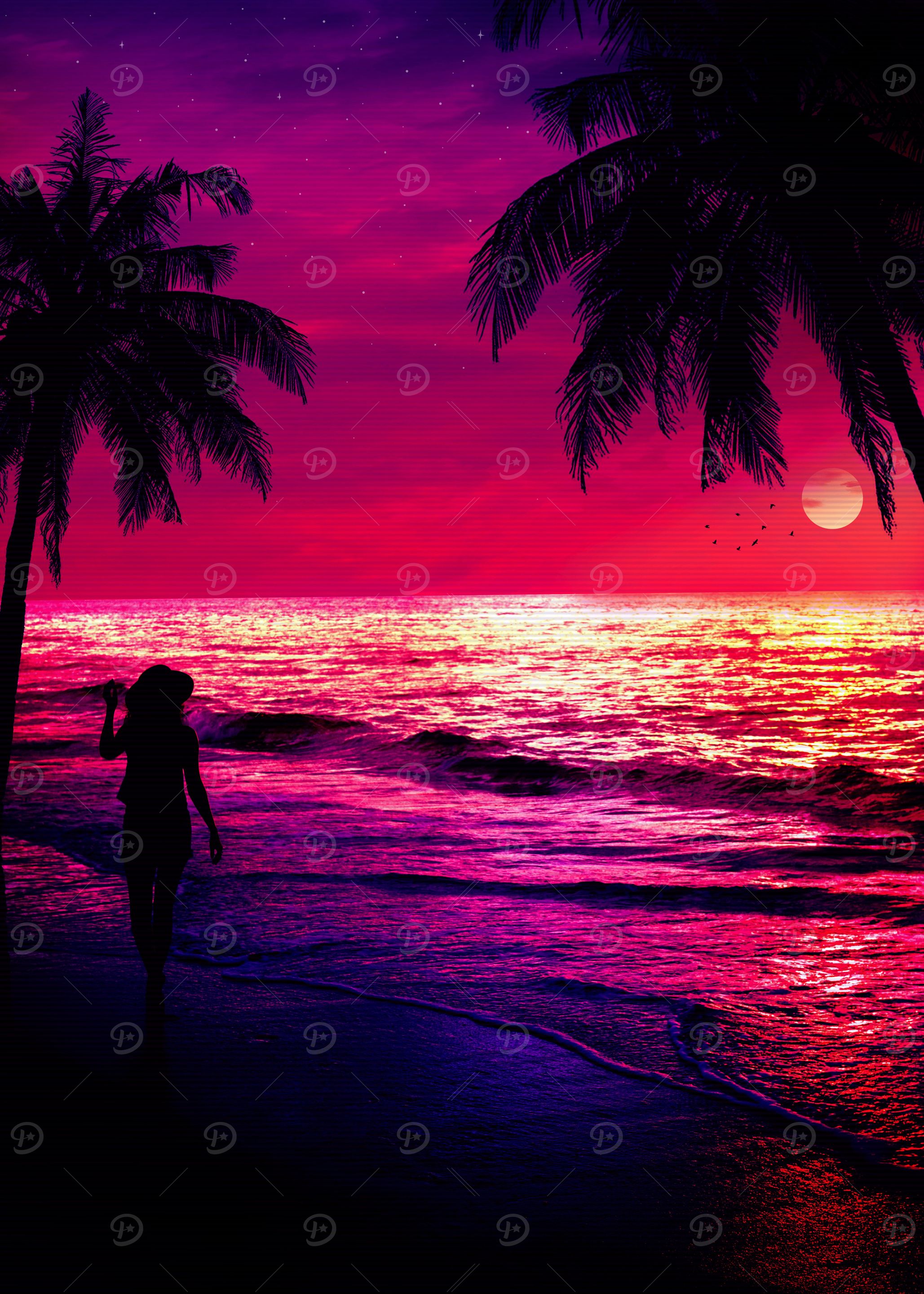 Synthwave sunset beach