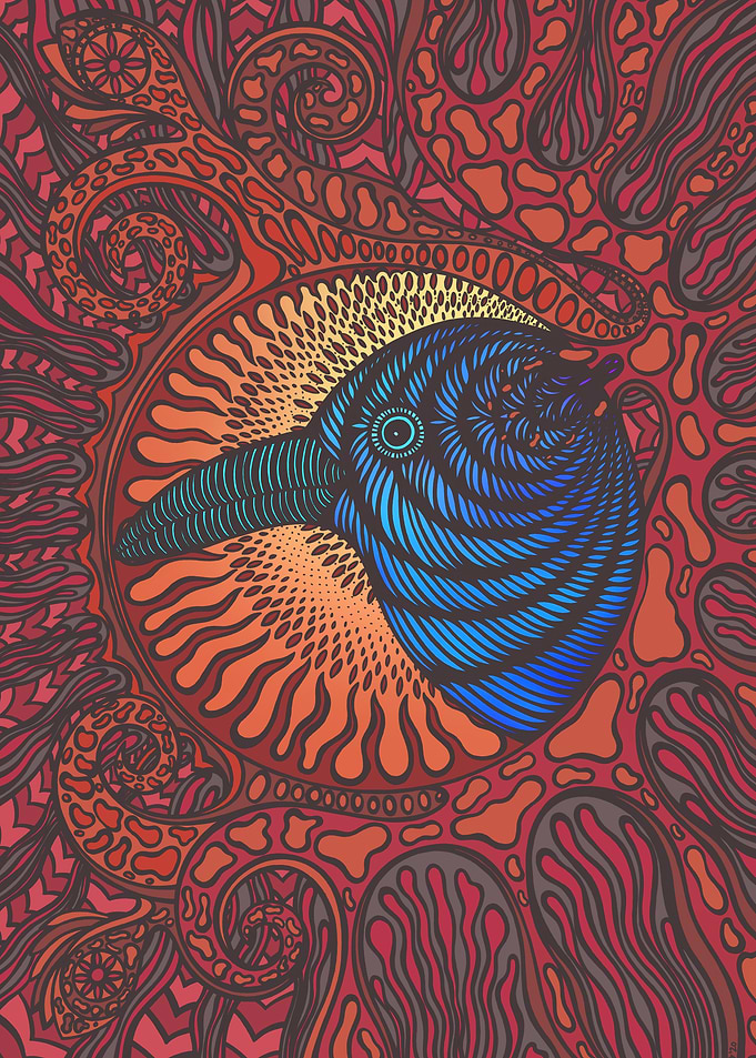 Crow Bird Head and Red Sun