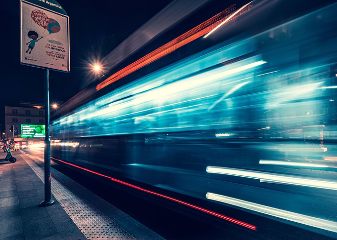 Neon blue lights night bus