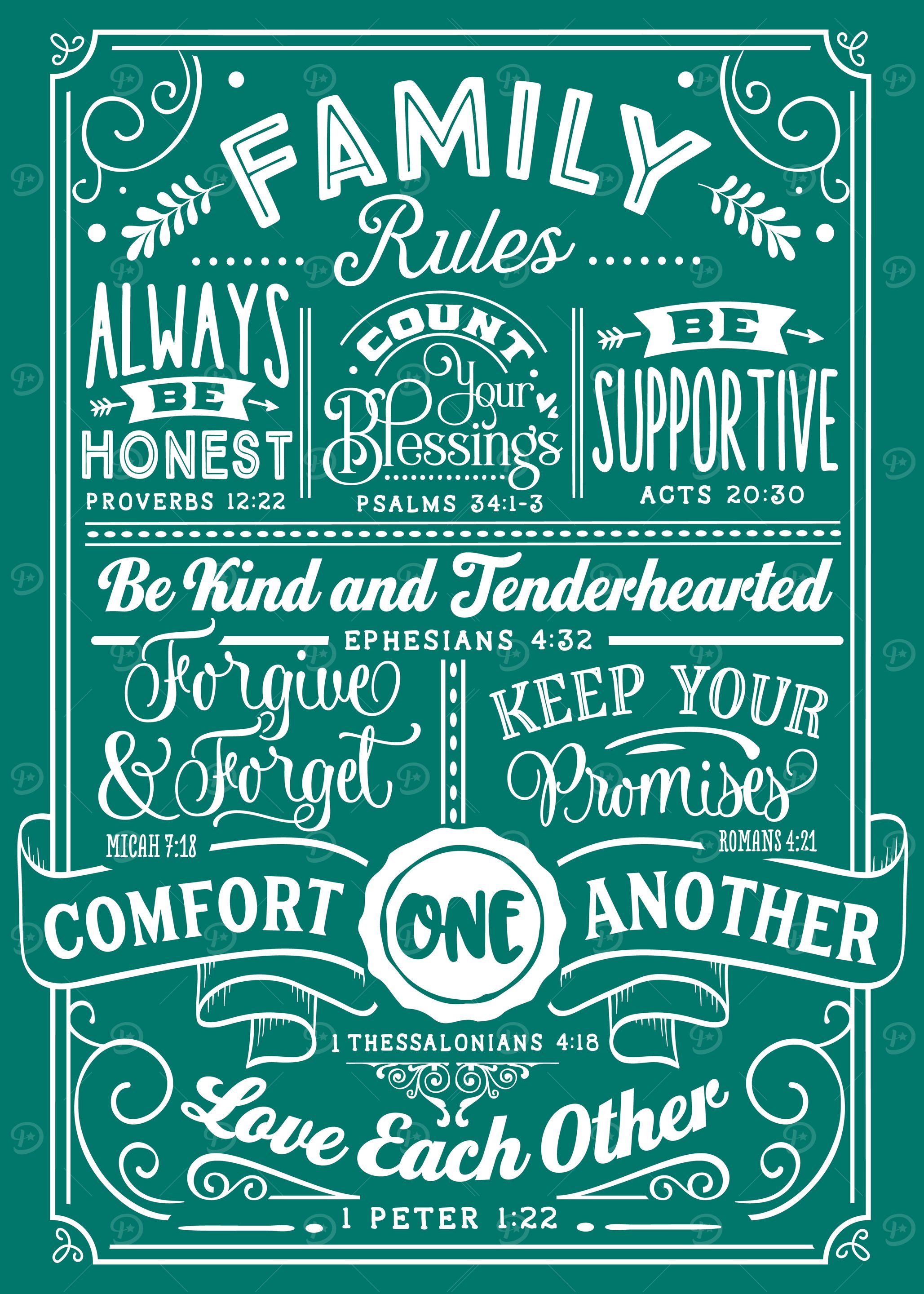 Family Rules Teal White