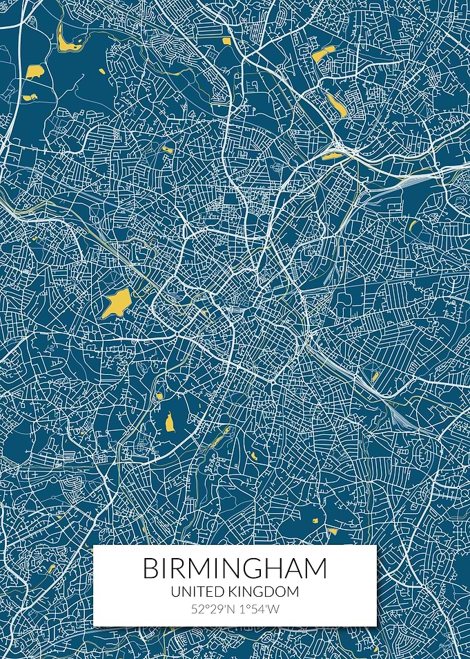 Birmingham Map Blue White