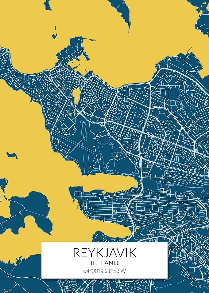 Reykjavik Map Blue Yellow