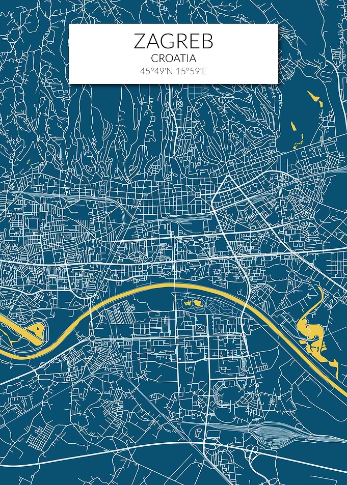Zagreb Map Blue Yellow
