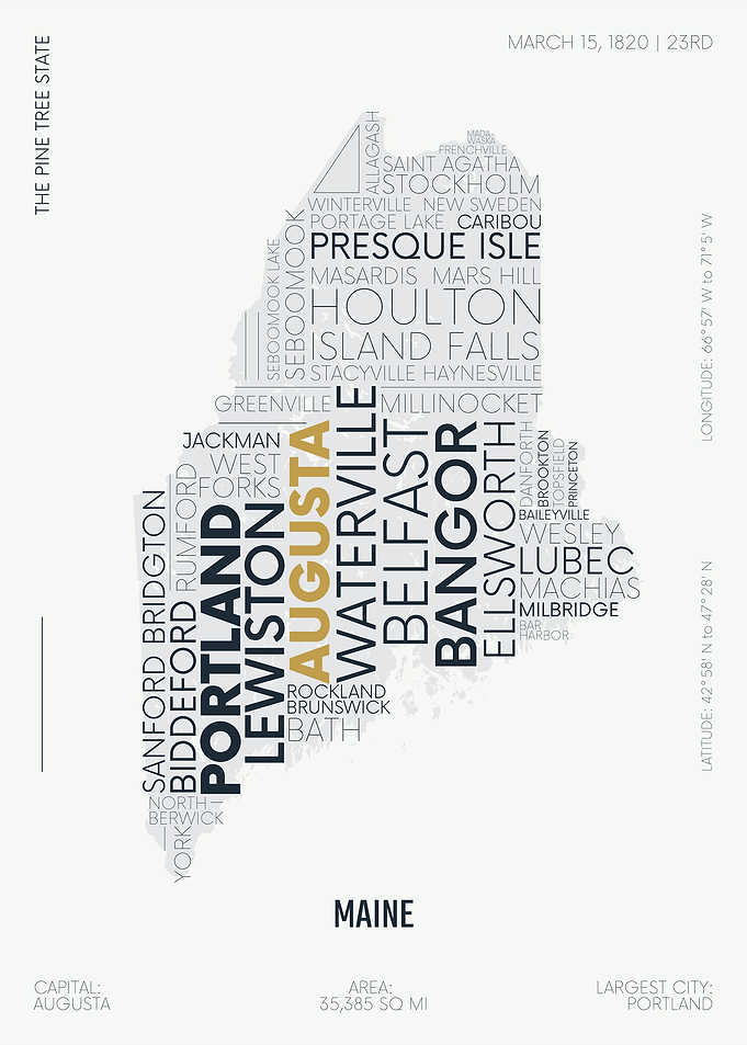 Maine usa map text art
