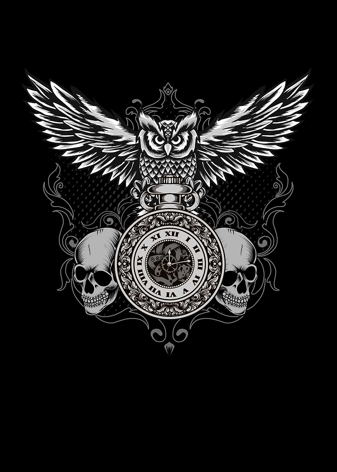 Owl With Clock Skull Time