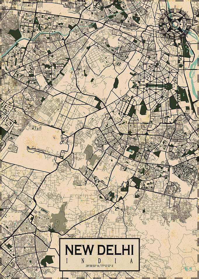 New Delhi City Map Vintage
