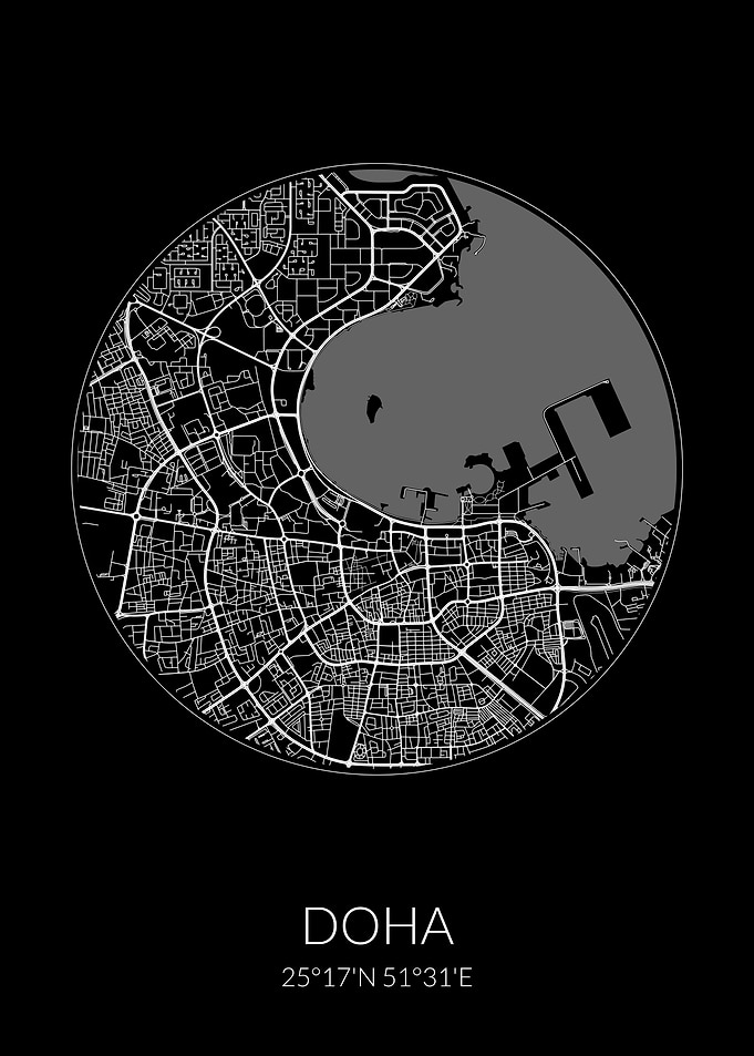 Doha City Map Black Qatar