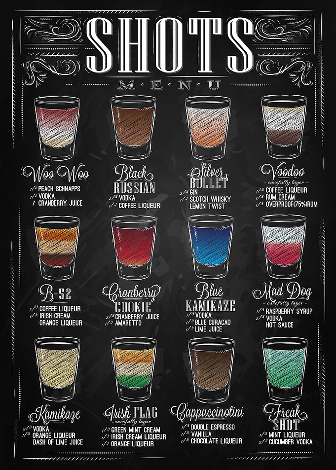 Shots menu black chalk