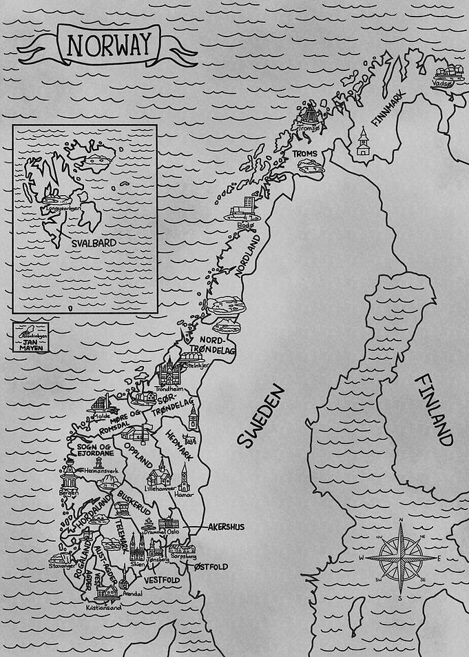 Gray Vintage Map of Norway