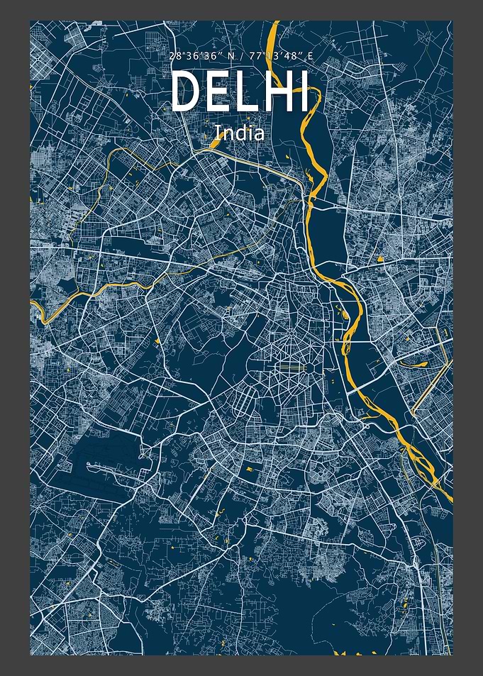 Delhi Blue Map Poster