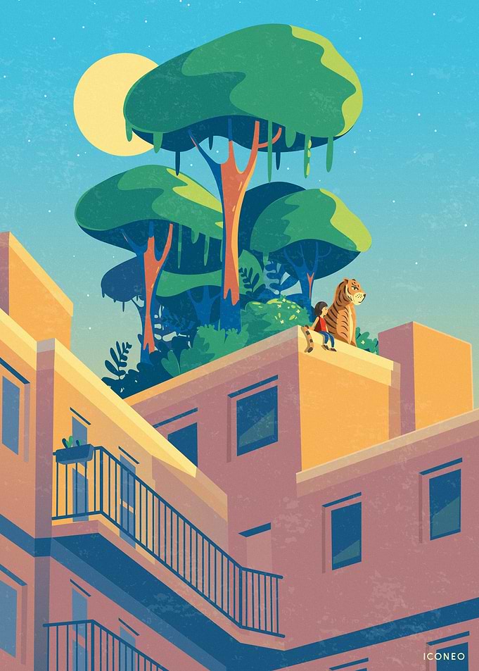 Rooftop garden with tiger