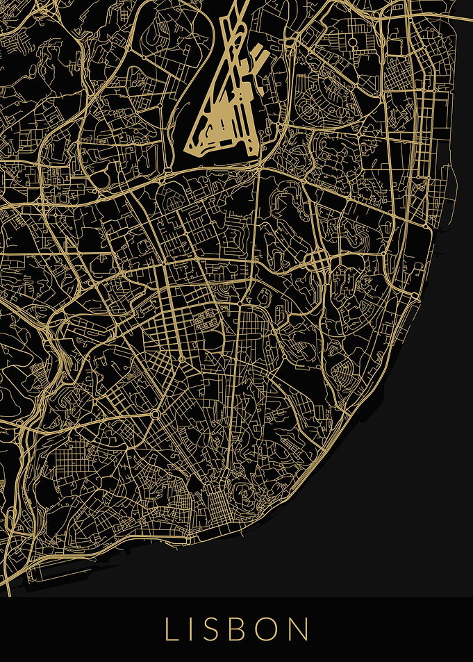 Lisbon Map Black Gold