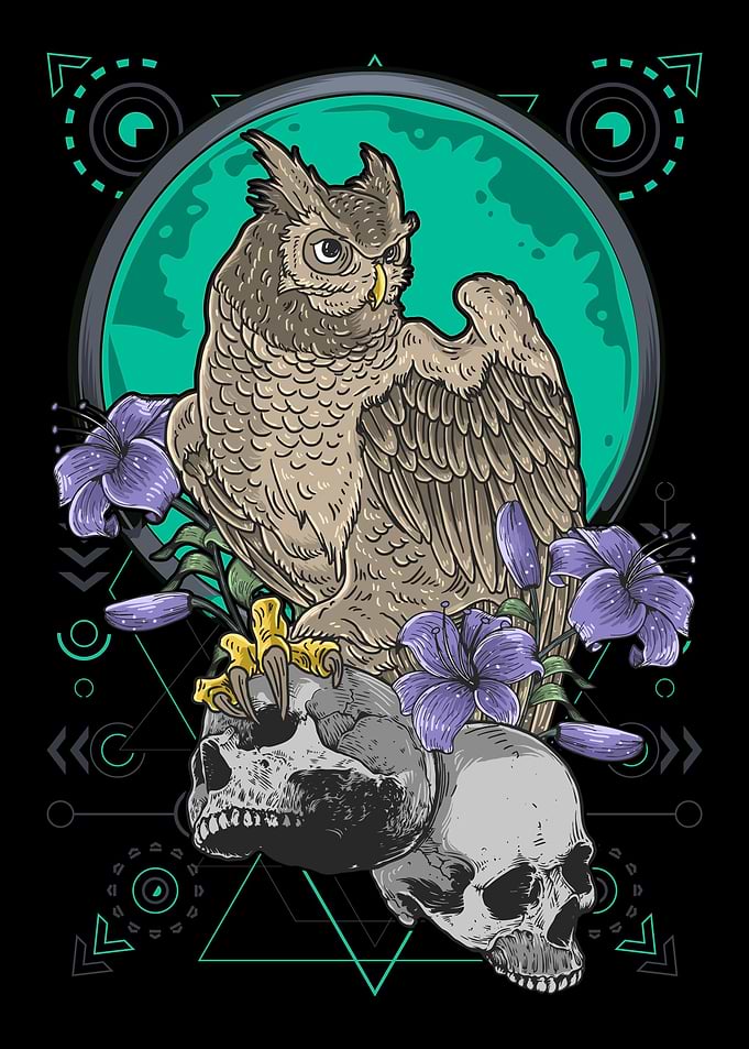 Owl Skull Moon Flowers