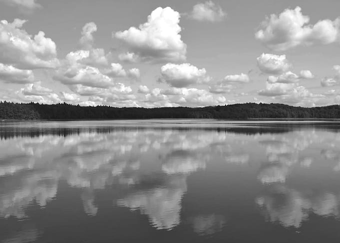 black white lake clouds