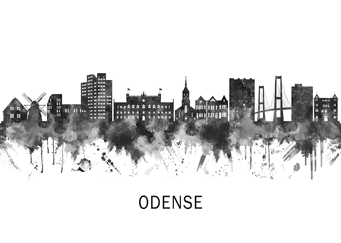 Odense Denmark Skyline BW