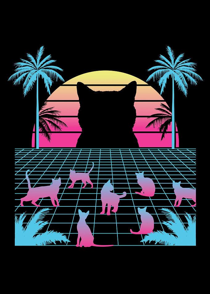 Black cat vaporwave sunset