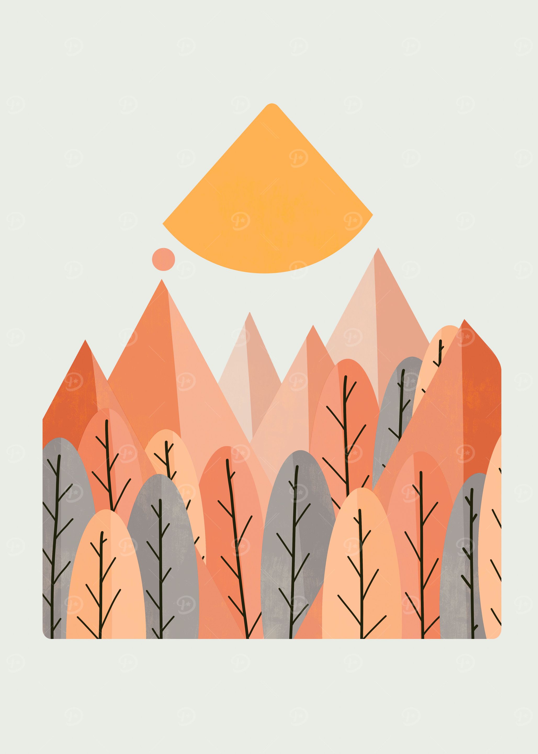 Grey orange forest peaks
