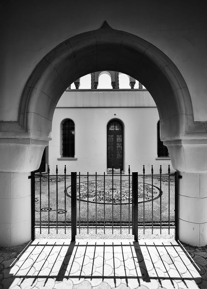 Gate in monastery, B&W