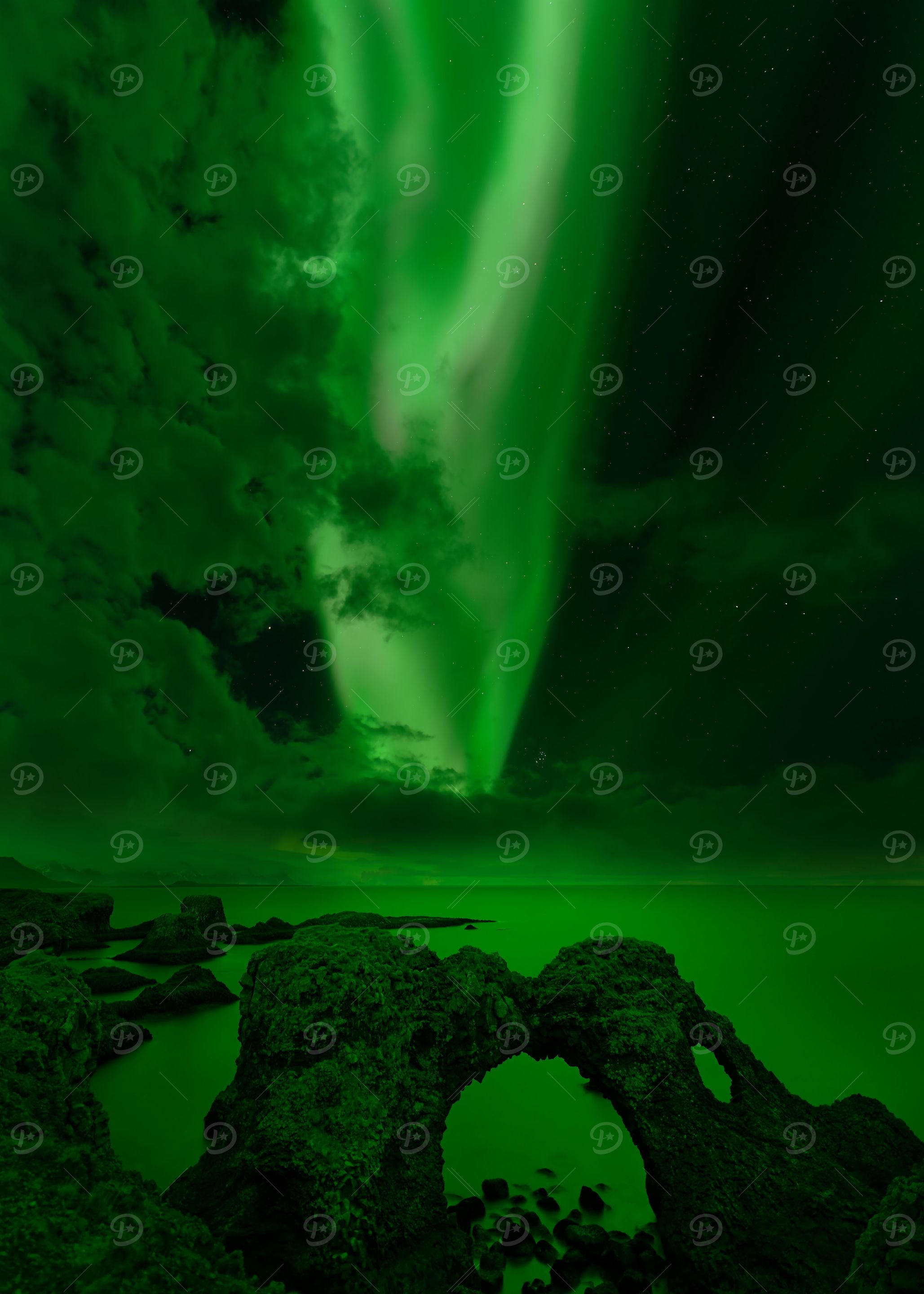 Aurora over a arch of rock