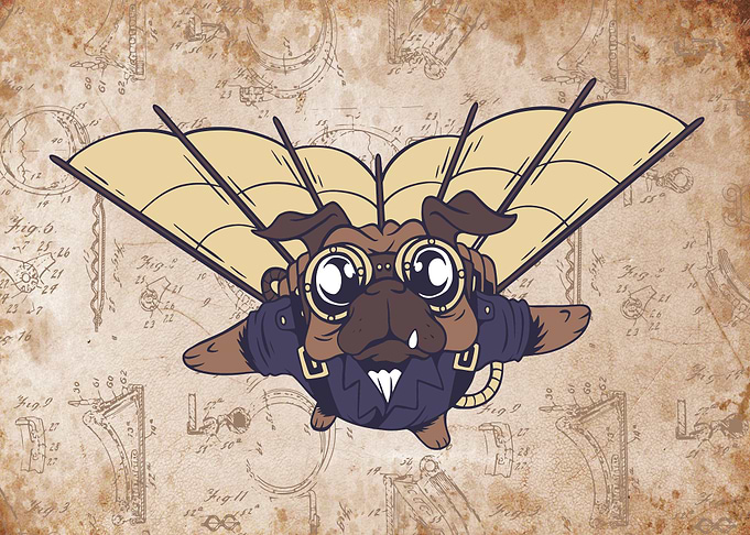 Steampunk funny pug flying