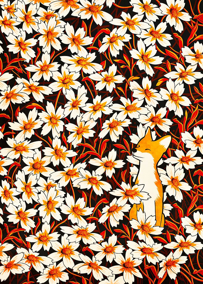 Happy fox and flowers