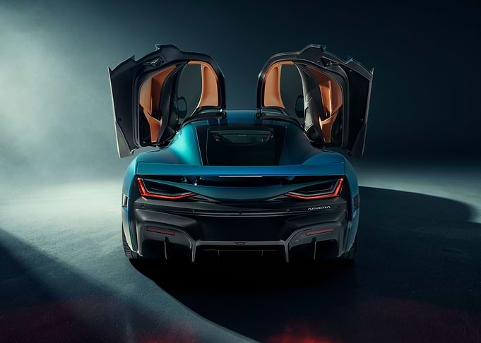 Blue Rimac Nevera doors up