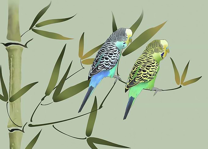 Two Parakeets in Bamboo