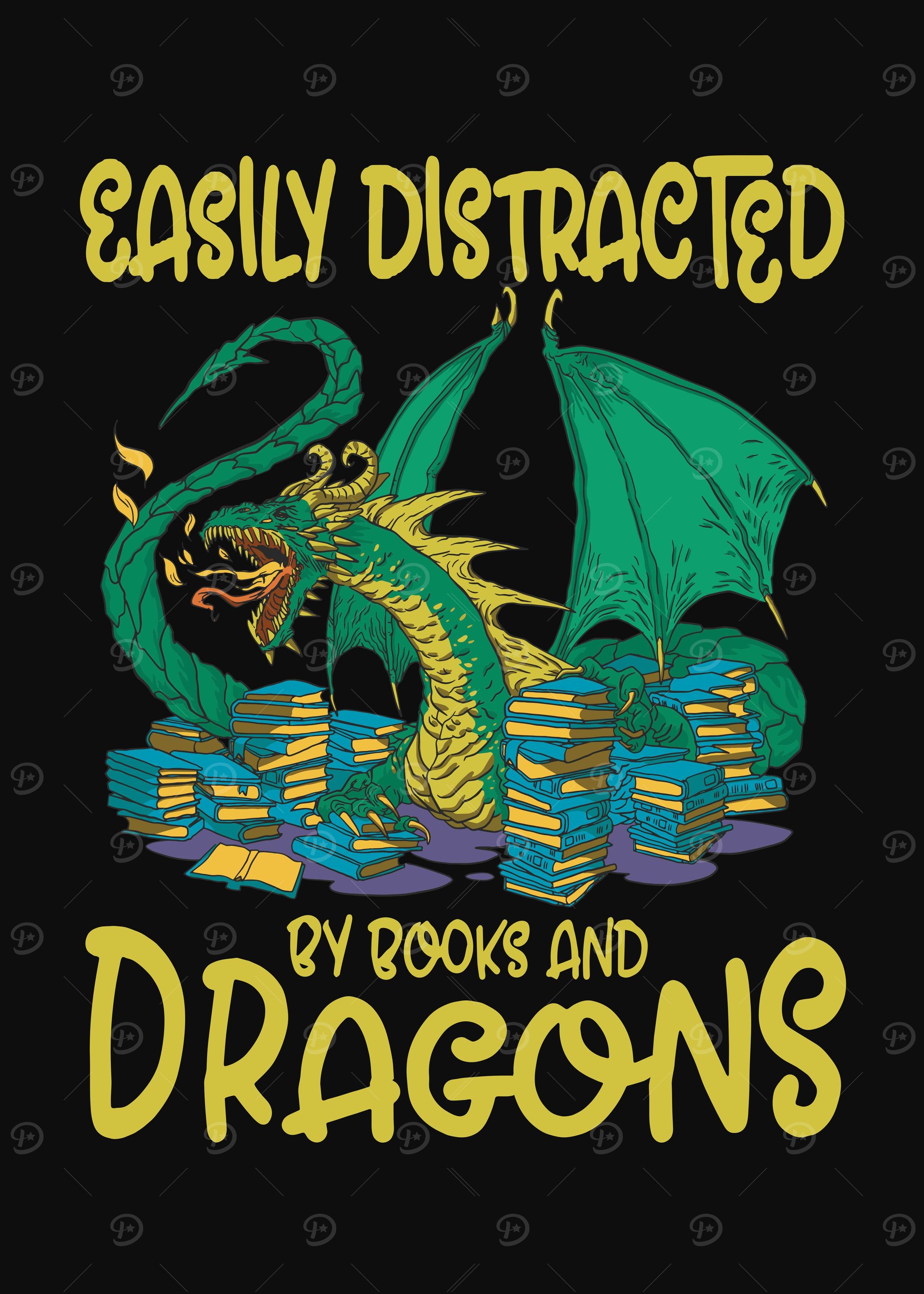 Library dragon with books