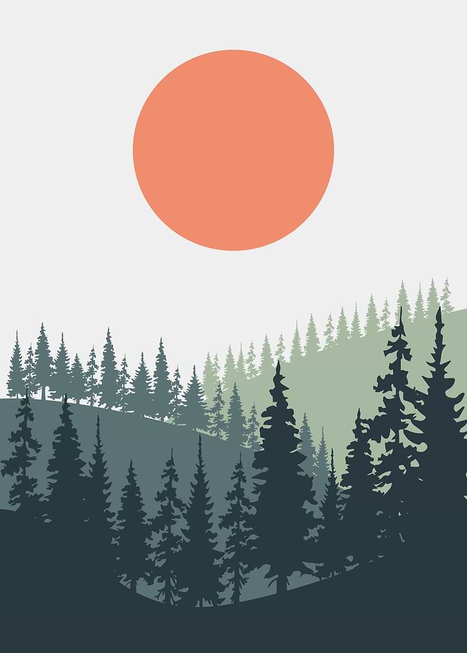 Sun pine tree mountain art