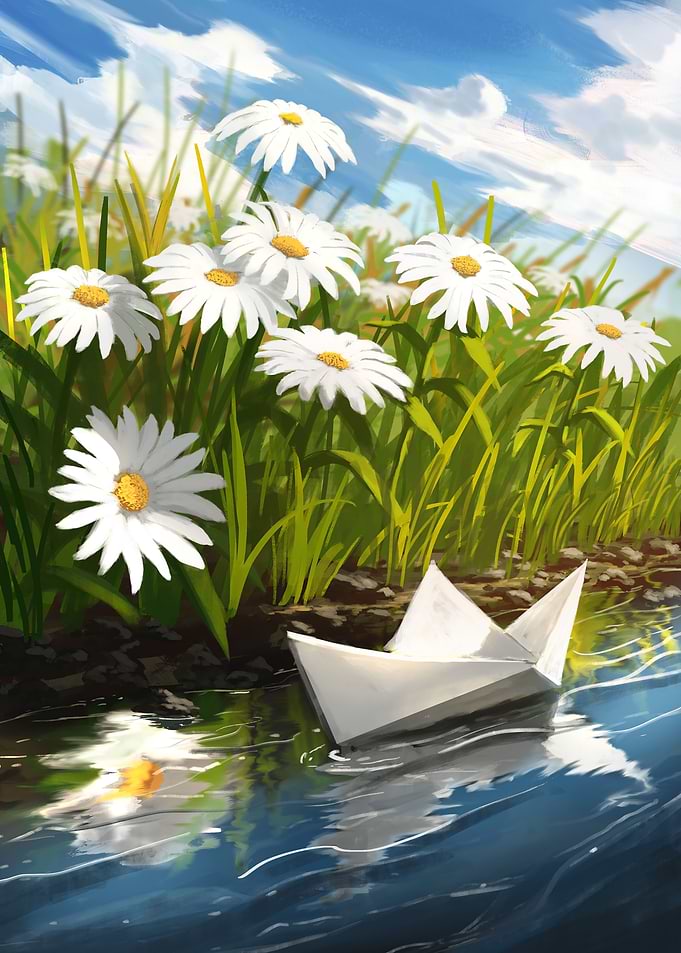 Paper boat and daisies