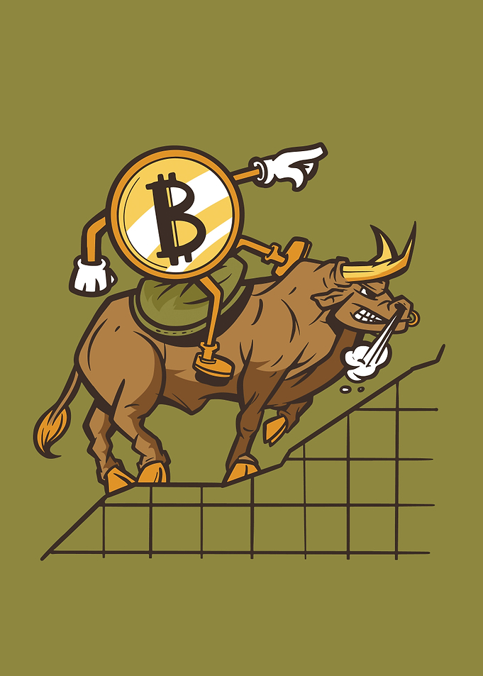 Bitcoin cartoon riding bul