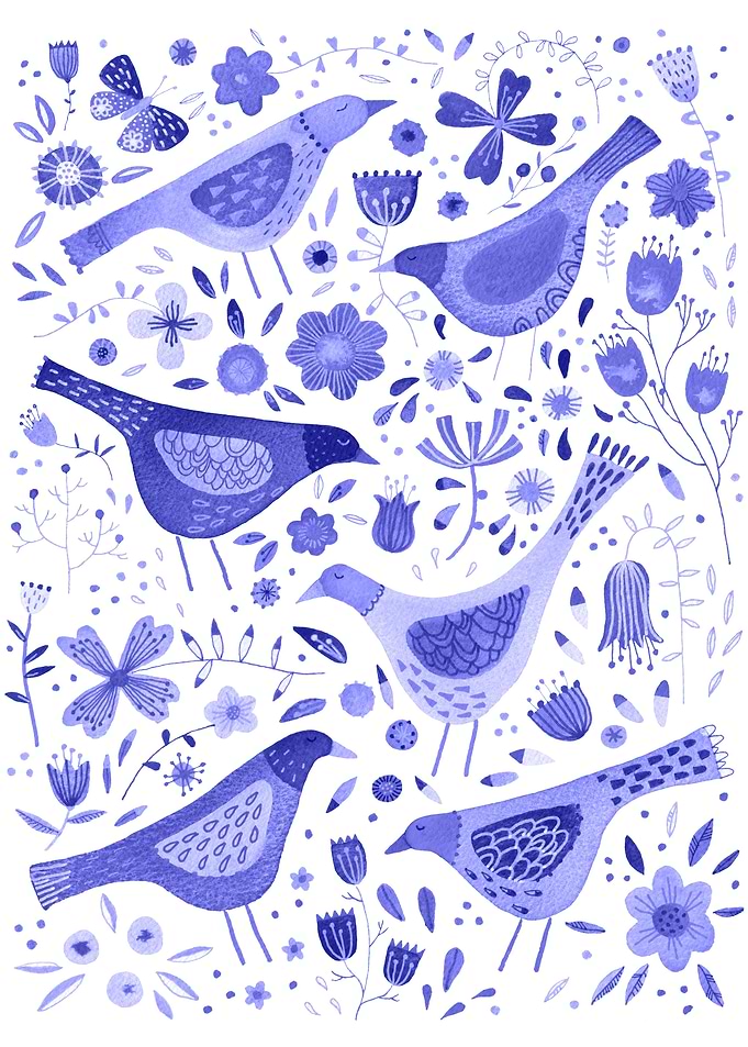 Birds in Blue Wildflowers