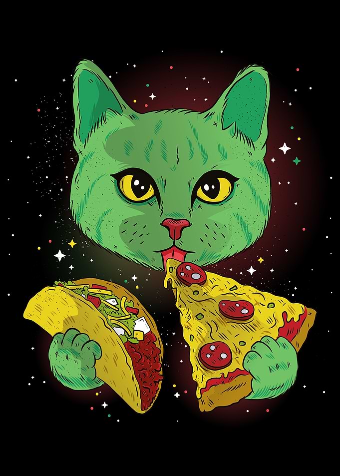 Funny Alien Cat with Pizza