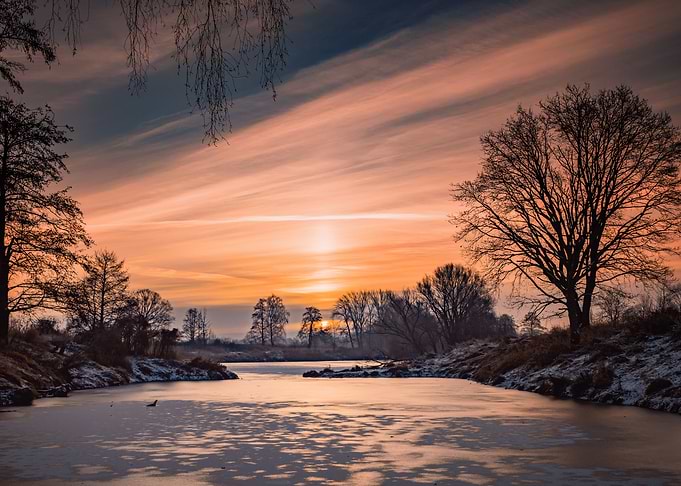 Frozen river, winter view