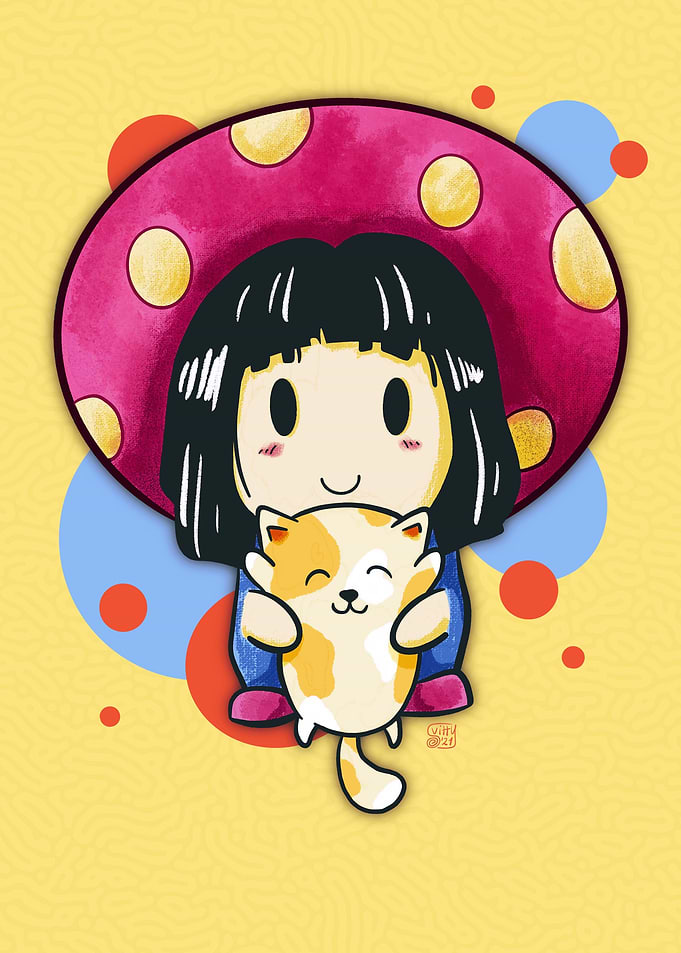 Cute Mushroom Girl And Cat