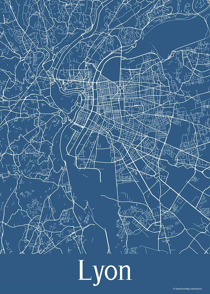 Lyon France Blue Map